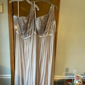David’s bridal, champagne color, size 6 & size 16 both need to be dry cleaned